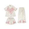 Buz İpek Kadın Pijama Kısa Kollu Takım Pembe Kelebek İnce Pijama 3'lü Takım