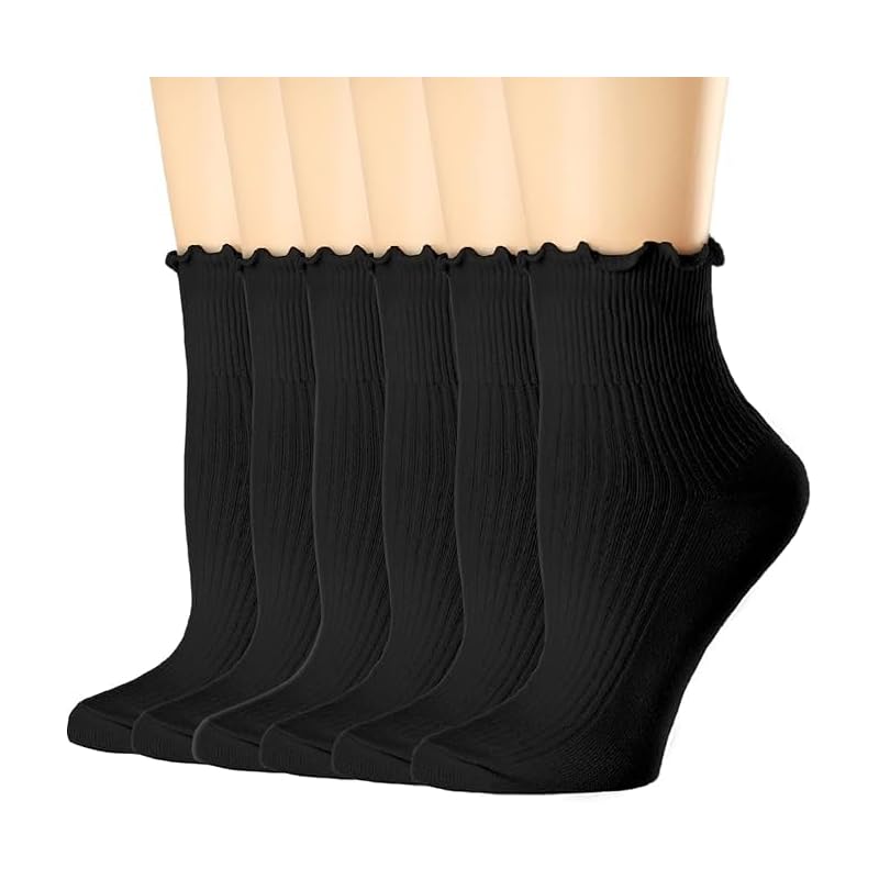 

[OFFTESTY] Women s Socks, Ruffle Turn Cuff Casual Ankle Socks Breathable Cool Knit Cotton Lettuce Ruffle Socks 6 Pack