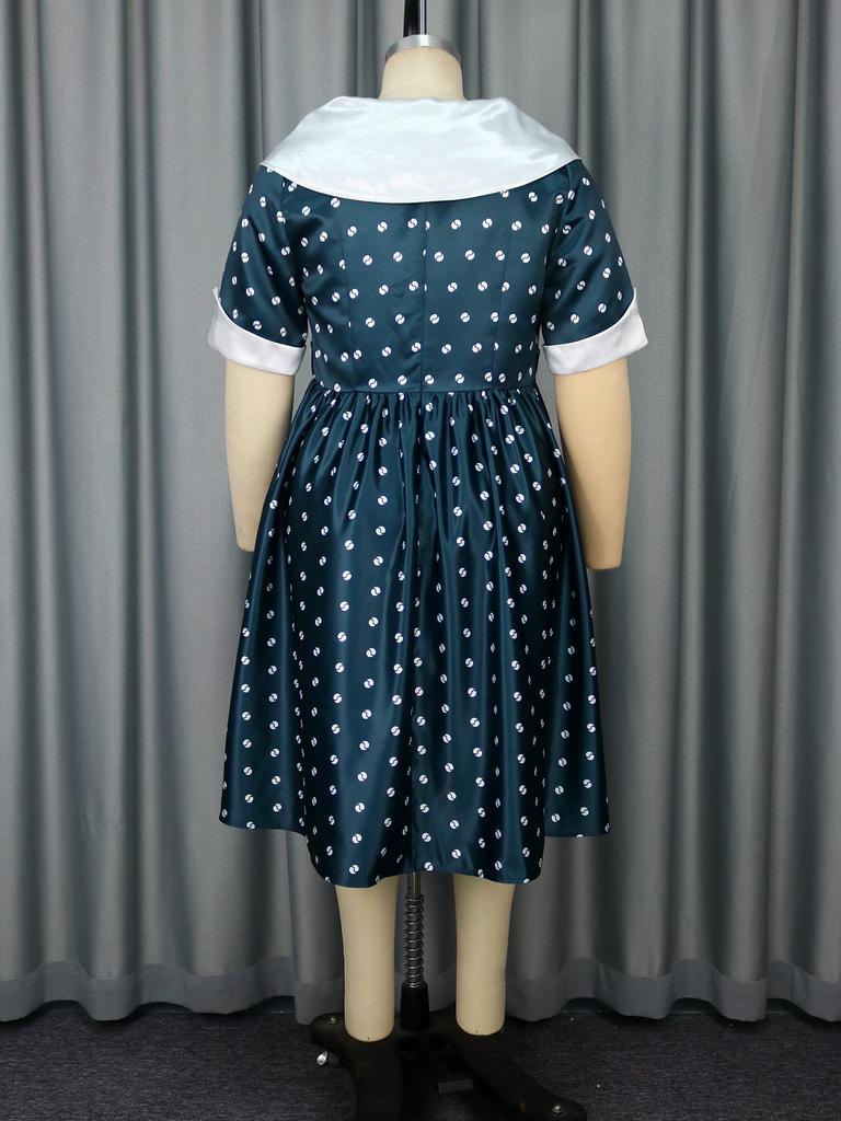 Vintage Turn-Down Collar A-Line Casual Dress for Women with Short Sleeve Print PatchworkHigh Waist Design Elegant Mid-Length Summer Outfit