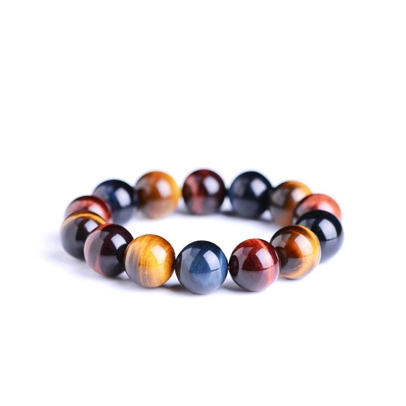 Natural Colorful Ball-Shaped Tiger Eye Bracelet with Blue Red Beads for Women Men Party Occasion Stretch Sizes 10-20mm AAAAAA