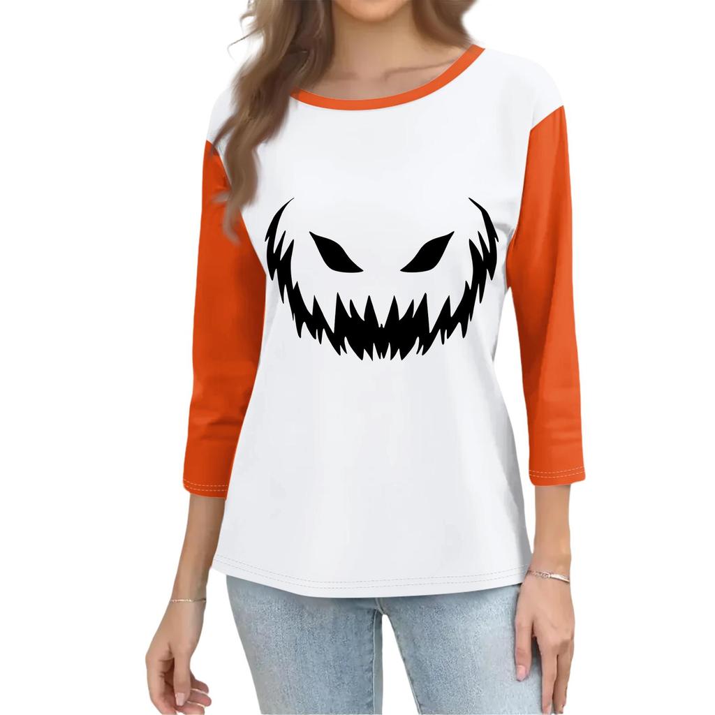 Women's Casual Halloween Print Three Quarter Sleeve Round Neck Top Lightweight Soft Fabric Comfortable Fit Seasonal Shirt