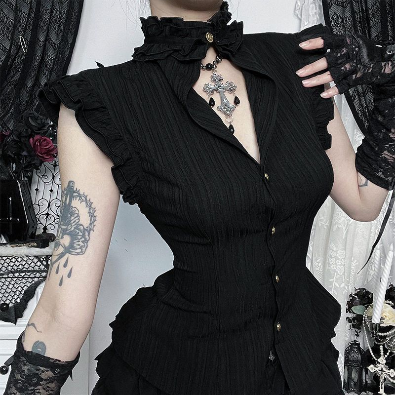 Cf25194 Dark Retro Open-Collar Shirt 2025 New Gothic Style Ruffled Waist-Cinching Design Top Black S