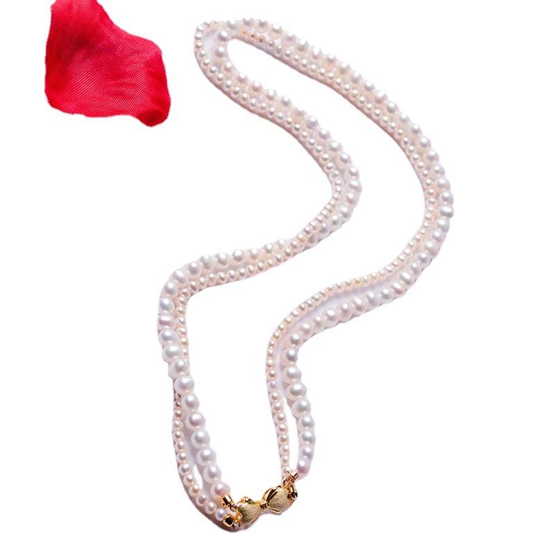 Double stacked pendant, natural freshwater pearl necklace, new Chinese temperament 11k gold injection frosted bow.