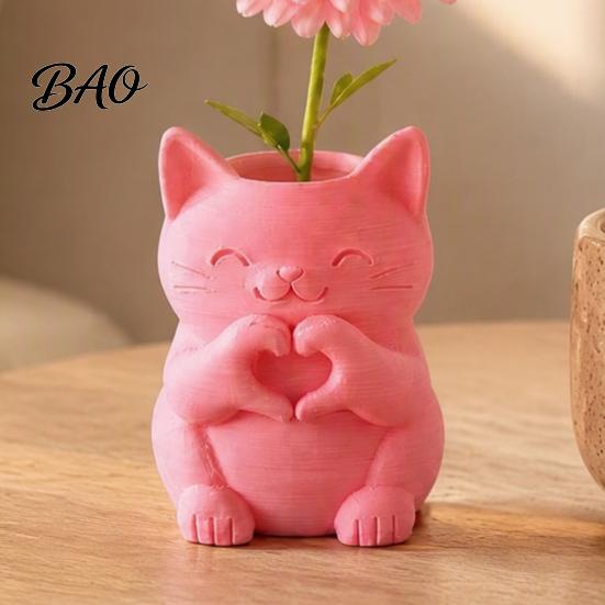 Cute Bedroom Nightstand Decor 3D Printed Cat Vase, Smiling with Heart?Hand Gesture Flower Holder, Multi Purpose Desk Accessories Animal Shaped