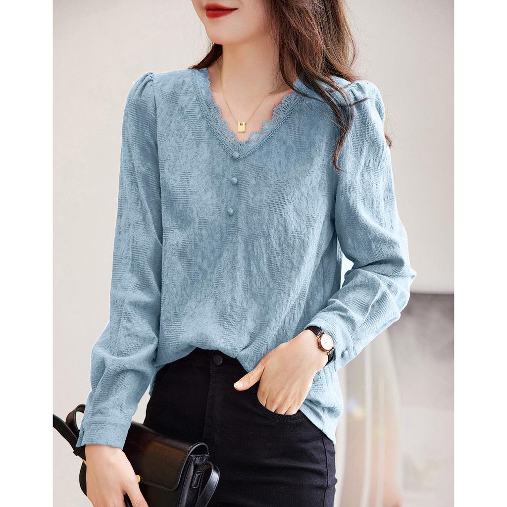 Elegante Blusa Primaverile Donna Retro Scollo a V Manica Lunga Legatura in Vita Rosso Cinese Camicia Sottile