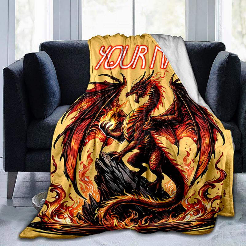 1PC Custom Name "Fiery Dragon Artwork" flannel blanket versatile,all-season throw suitable for the living room,bedroom,camping,travel,and gift
