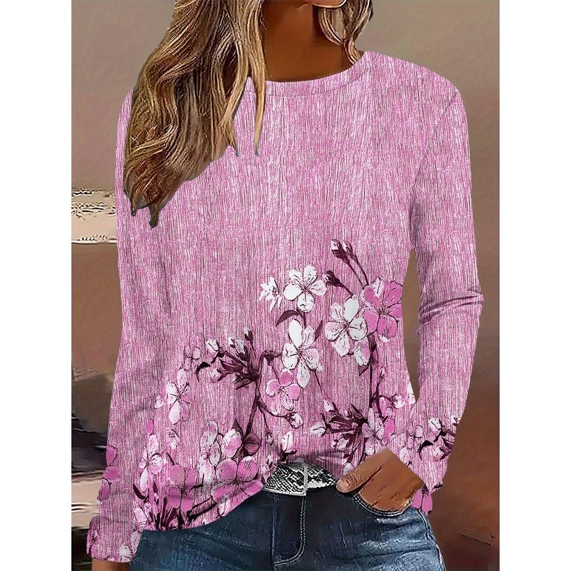 Top cu Imprimeu Floral Imprimat 3D Tricouri Casual cu Mânecă Lungă pentru Femei - Material Moale din Poliester cu Elasticitate Medie Haine cu Croială Relaxată pentru Primăvară și Toamnă