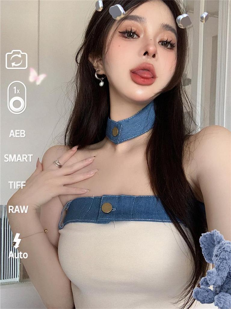 Spicy Girl Patchwork Strapless Denim Crop Top - Sexy, Slim-Fit, One-Shoulder Camisole