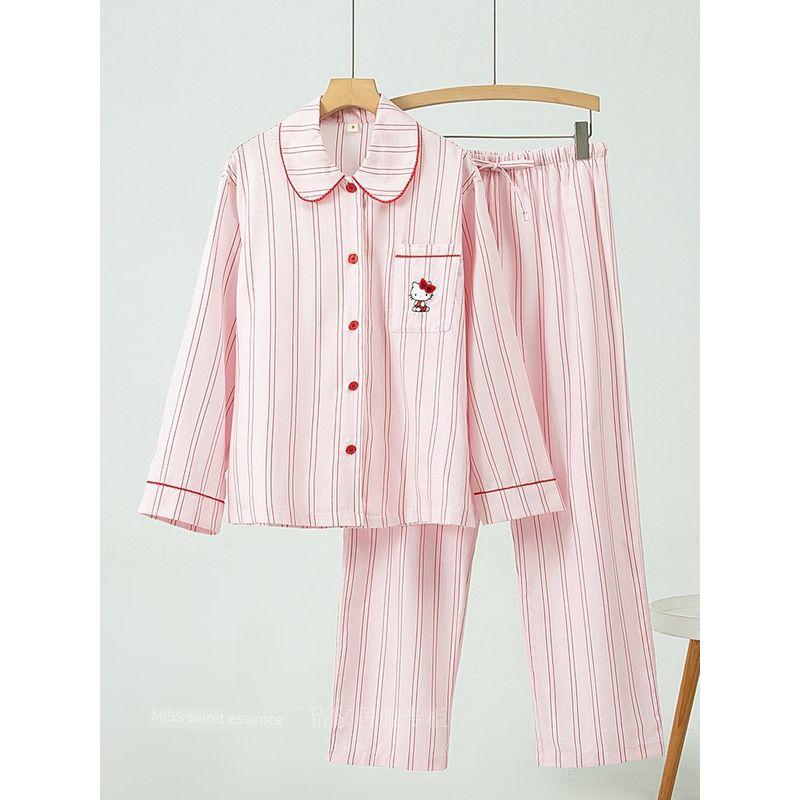 

Wild * Beast Same Style ~ Cute KT Cat Pink Tencel Cotton Pajamas Women s Long Sleeve Pants Thin Stripes Homewear Sunglasses Cat Long Sleeve L