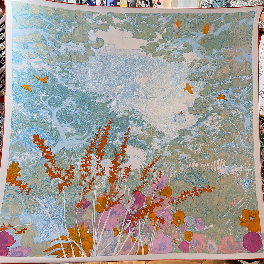 

POBING Silk Cashmere Scarf Women Hand Rolled Foreast City Print Square Scarves Wraps Bandana Big Hijabs Female Foulard 135CM 135CM x 135CM