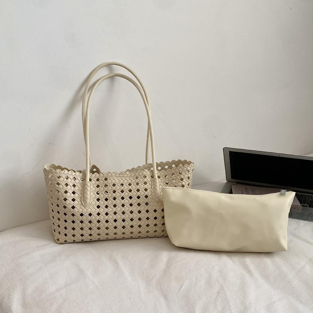 Foldable Hollow Out Weave Bag Fashion Woven Handbag Trendy Grocery Bag Beach бежевый