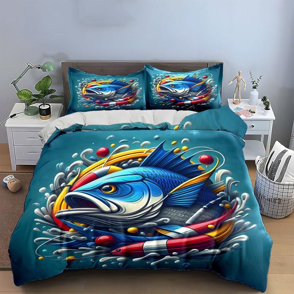 Fishing Gear Set Outdoor Essentials Soft Comfortable Duvet Cover Bedding Set Included 1*Duvet Cover & 2*Pillowcases, Gift