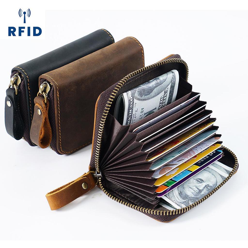 Genuine Leather RFID-Blocking Accordion Card Holder with Multi-Card Slots & Retro Coin Purse