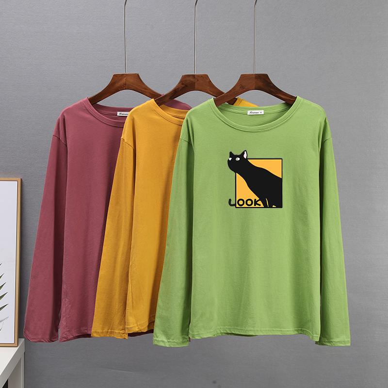 Hirsionsan Casual Loose T Shirt Women Spring New Simple Cute Cat O-neck Tees Female Fashion Long Sleeve All-match Tops for Girls