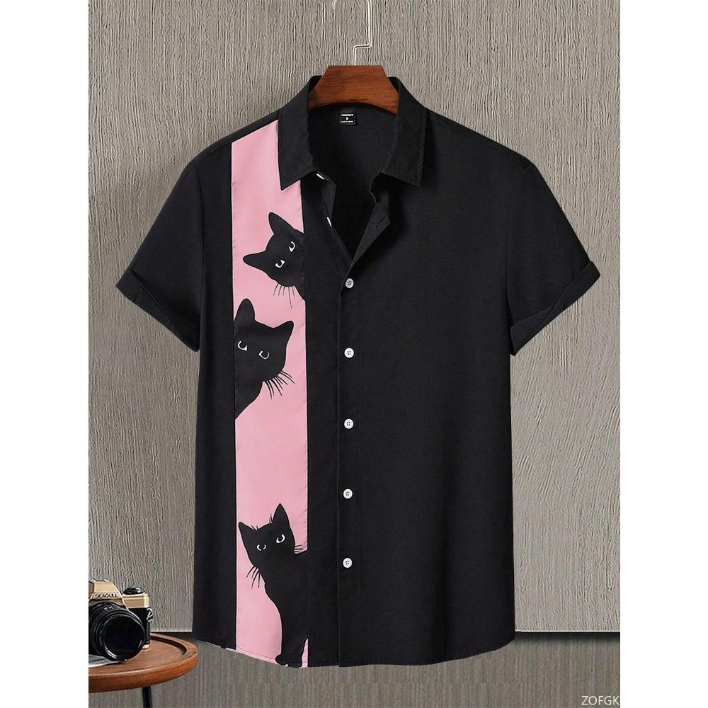 Hawaiian Beach Shirt Fashion Men's Animal Cat Print Shirt Retro Casual Street Clothing Men's Summer Unisex Short Sleeve Top