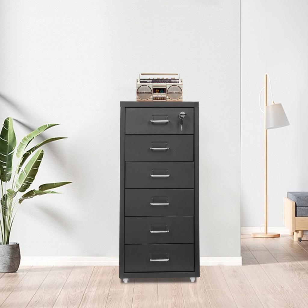 6-Tier Black Metal File Cabinet with Lock & Wheels, Vertical Filing Storage for Home Office, Modern Steel Cabinet, 28x41x69cm