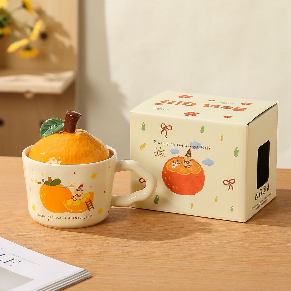 Cute Girl Little Orange with Lid Ceramic Cup Small Gift Set High Temperature Resistant Girls Office Mug Gift Box Set