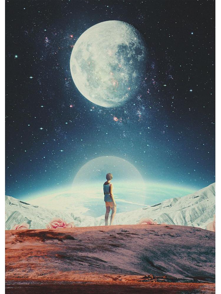 Vinatge Space Collage Night Sky Posters Canvas Painting Galaxy Moon Surrealism Wall Art Picture For Living Room Home Decoration