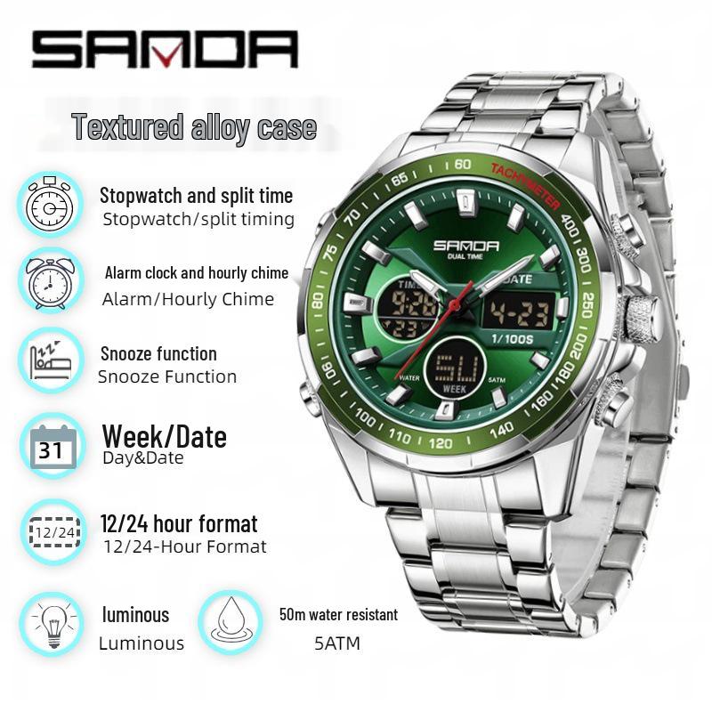 Sanda Men's Waterproof Dual Display Multi-Function Watch with Timer, Snooze, and Night Light.