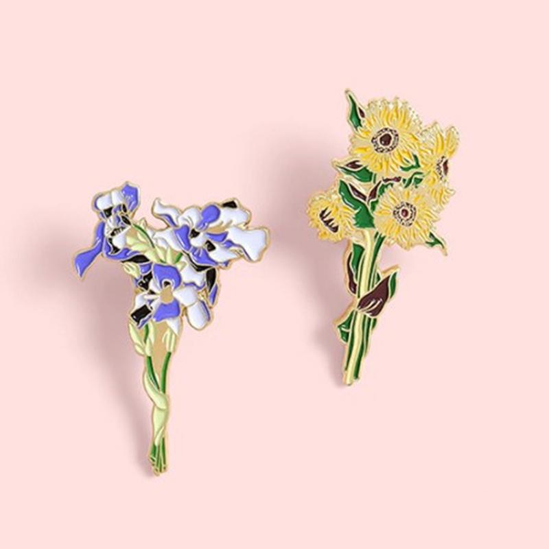 Lapel Pin Badge Van Gogh Sunflower Iris Brooch Flower Hat Pin Metal For Clothes
