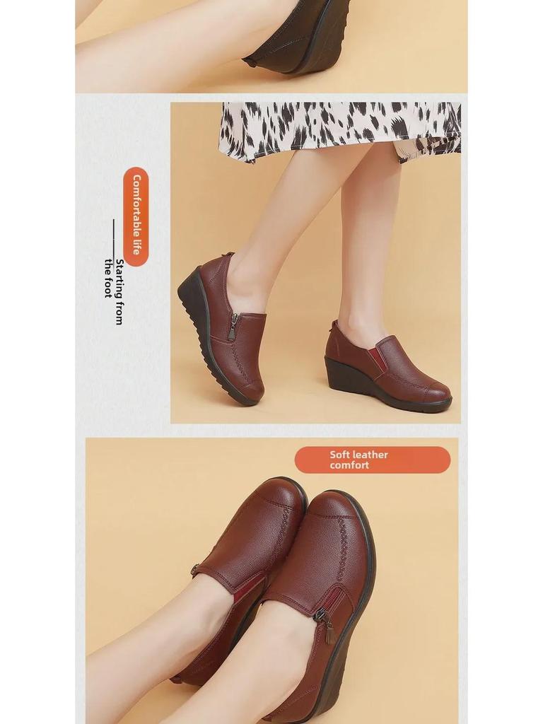 Scarpe con zeppa in pelle da donna primavera e autunno 2025 - Scarpe comode singole per mezza età e anziani