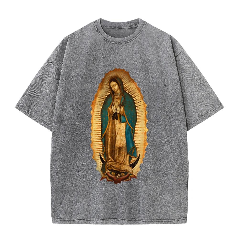 2026 Vintage Washed Black Our Lady Of Guadalupe Graphic T Shirt Retro Religious Portrait Oversized Casual Short Sleeve Tee