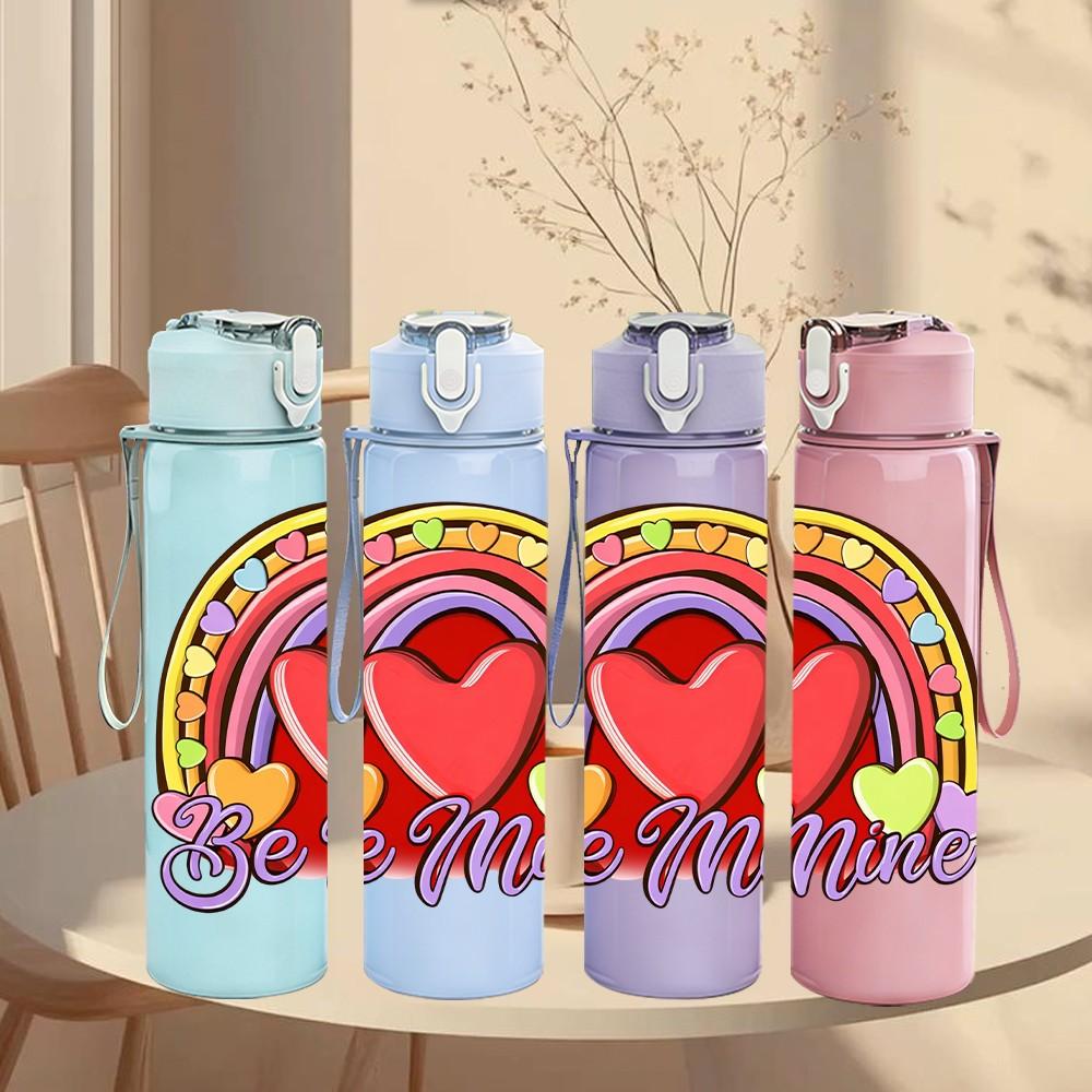 1PC Be Mine Heart Rainbow Valentine Art 750ml Color Plastic Sports Water Bottle Leakproof Flip Straw Lid Suitable for Sports Office Home Use