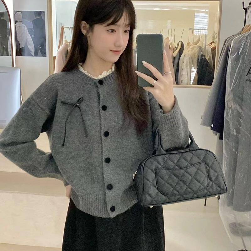 

Харадзюку кардиган свитер с длинным рукавом женский корейский молодая девушка милый розовый кружевная вставка бант топы короткие пальто повседневный свободный шикарный круглый вырез Y2k свитера One Size