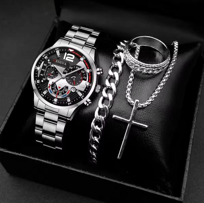 Men'S Watch Men'S Suit Fashion High Sense 3-Piece Set Glass Quartz Watch Calendar Watch Men'S