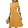Women's Casual Fashion Round Neck Pleated Short Sleeve Solid Color A-Line Midi Dress