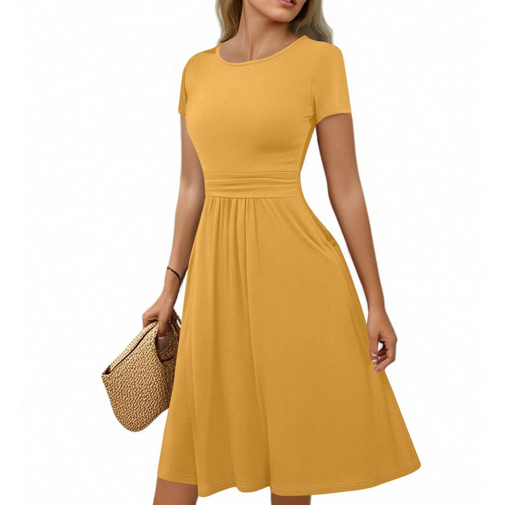 Women's Casual Fashion Round Neck Pleated Short Sleeve Solid Color A-Line Midi Dress