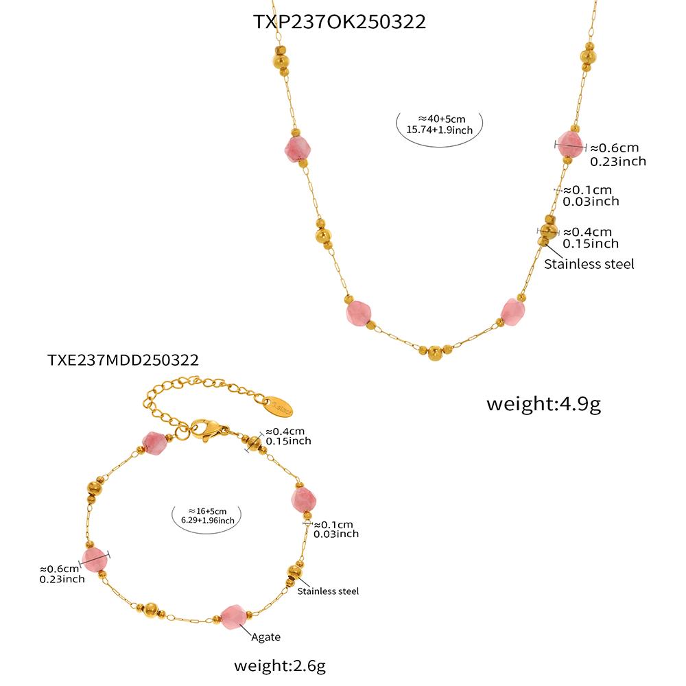 Bohemian 316 Stainless Steel Gold-Plated Ball Beaded Necklace Pink Green Natural Stone Chain Bracelet Set Women's Summer Zircon