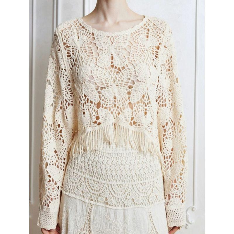 And American Autumn New Round Neck Crocheting Butterfly Hollow Tassel Short Loose Long Sleeve All-Match Cover Up Sun Protection Clothing Women