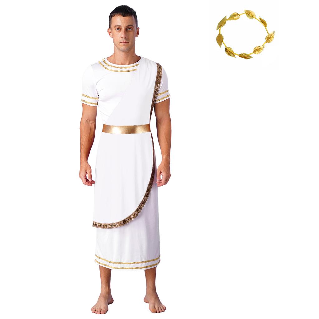 Mens Ancient Roman Toga Dress Up Costume Short Sleeve Gold Trim Design Cosplay Robe Artificial Leaf Headwear