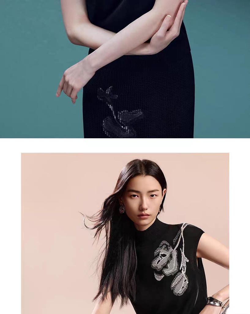 Dámský luxusní pletený top Lang Z podzim 2025 v čínském stylu s krátkým rukávem a kulatým výstřihem.