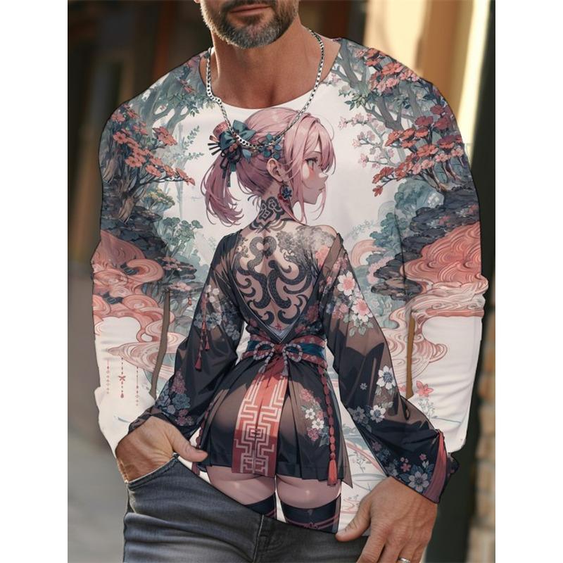 Men's Long-sleeved T-shirt 3D Printing Anime Tattoo Beauty Printing Men's Autumn Tops Casual Round Neck Home Clothes Pullover