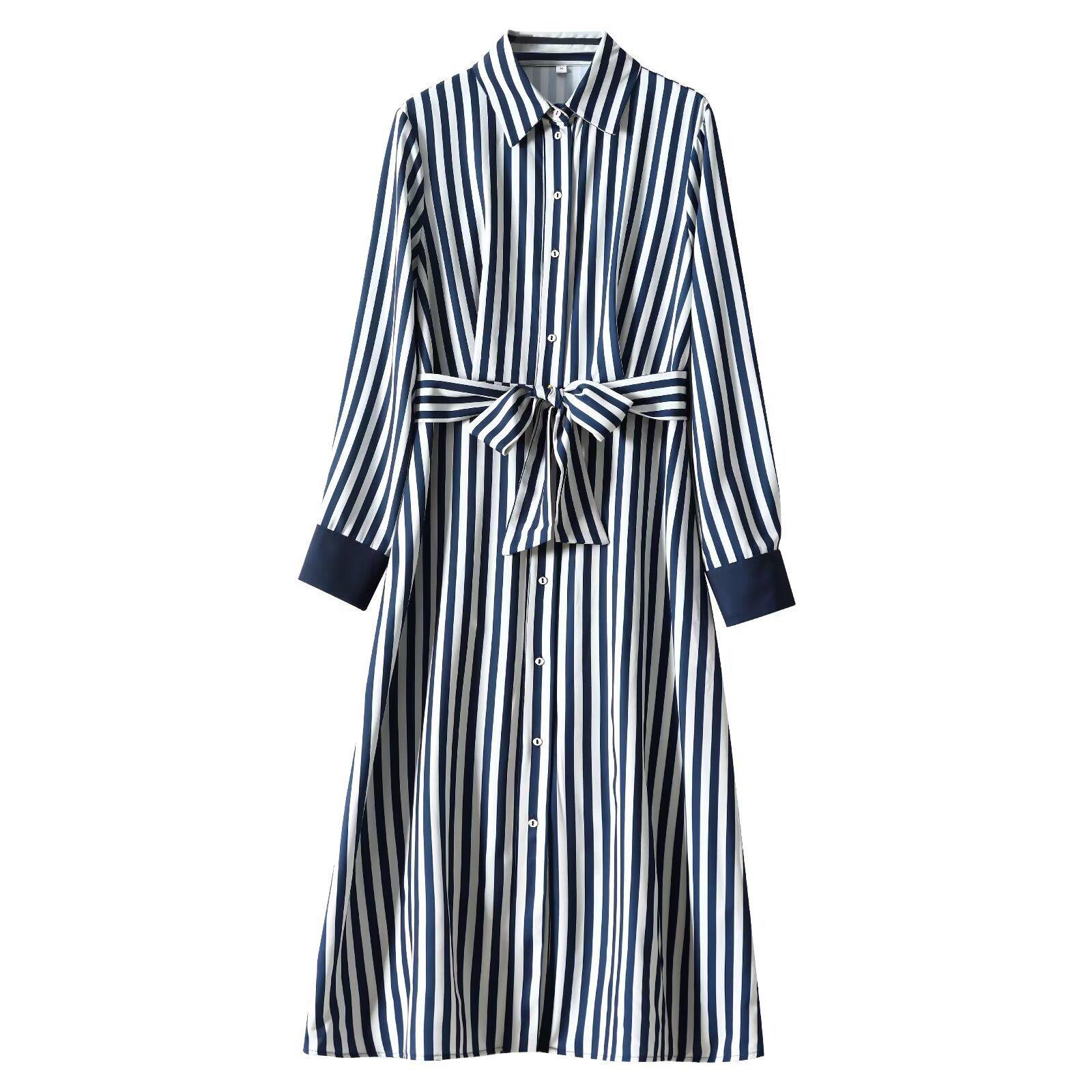 

2024 Summer Women s Casual Striped Midi Belt Shirt Dress Large