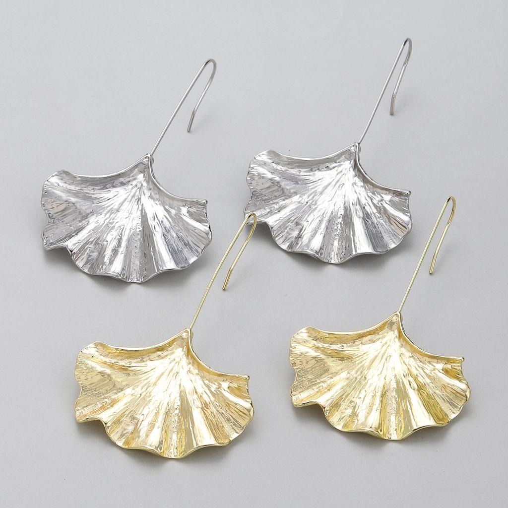 Vintage Ginkgo Leaf Long Earrings For Women Exaggerated Textured Metal Fashion Trend Jewelry