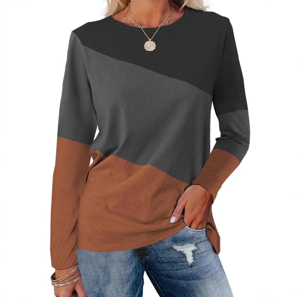 Fashion Color Blocked Long Sleeved Top with Personalized Contrasting Design for Women's Casual T-shirts