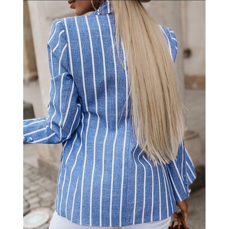 Cross-Border Fashion Fall and Winter New Stripes Print Suit Collar Work Clothing Ol One Button Long Sleeve Suit Outwear Easiest for Match Female