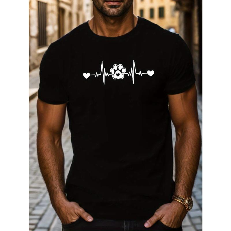 

European sizes Men s Dog Paw Heart T-Shirt - Summer Short Sleeve Top with Monitor & Pet Owner, Machine Washable Casual Round Neck Shirt S чёрный