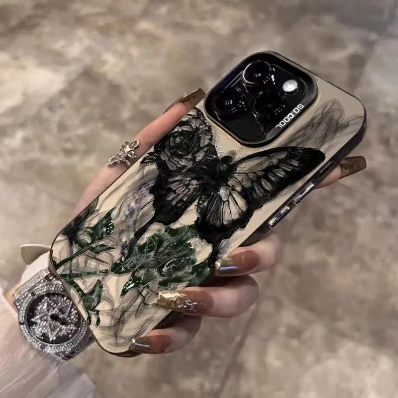 INS Retro Rose Butterfly Phone Case For iPhone 16 15 14 13 12 11 Pro Max XR XS MAX SE 2 3 7 8 PLUS Laser Silver Shockproof Cover