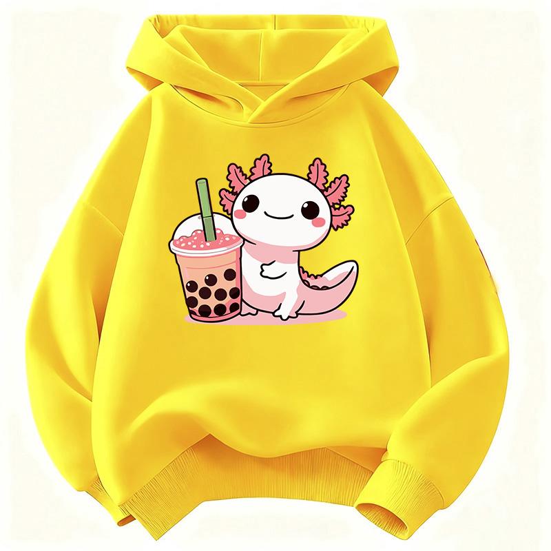 Soft Children Hoodie, Cute Axolotl Drinking Bubble Tea Cartoon Print Pullover Sweatshirt, Autumn Winter Long Sleeve Top For Kids Daily Casual Wear
