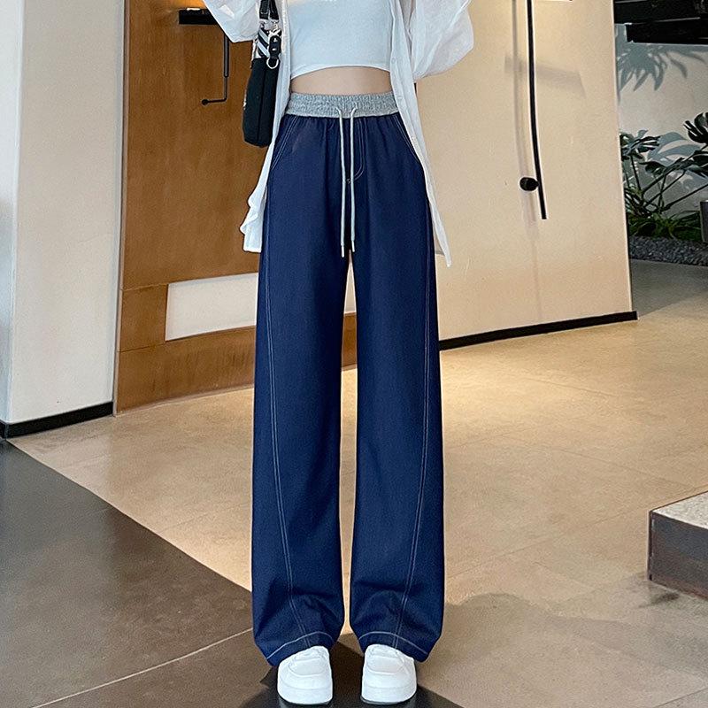 Plus Size Women's Dark Blue Wide Leg Jeans with Contrast Stitch & Drawstring High Waist