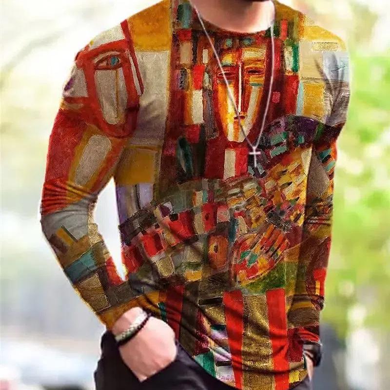 Men Spring And Fall Fashion Classic Street Casual 3d Printing O Collar Long Sleeve Loose Personality T-Shirt Plus Size Top