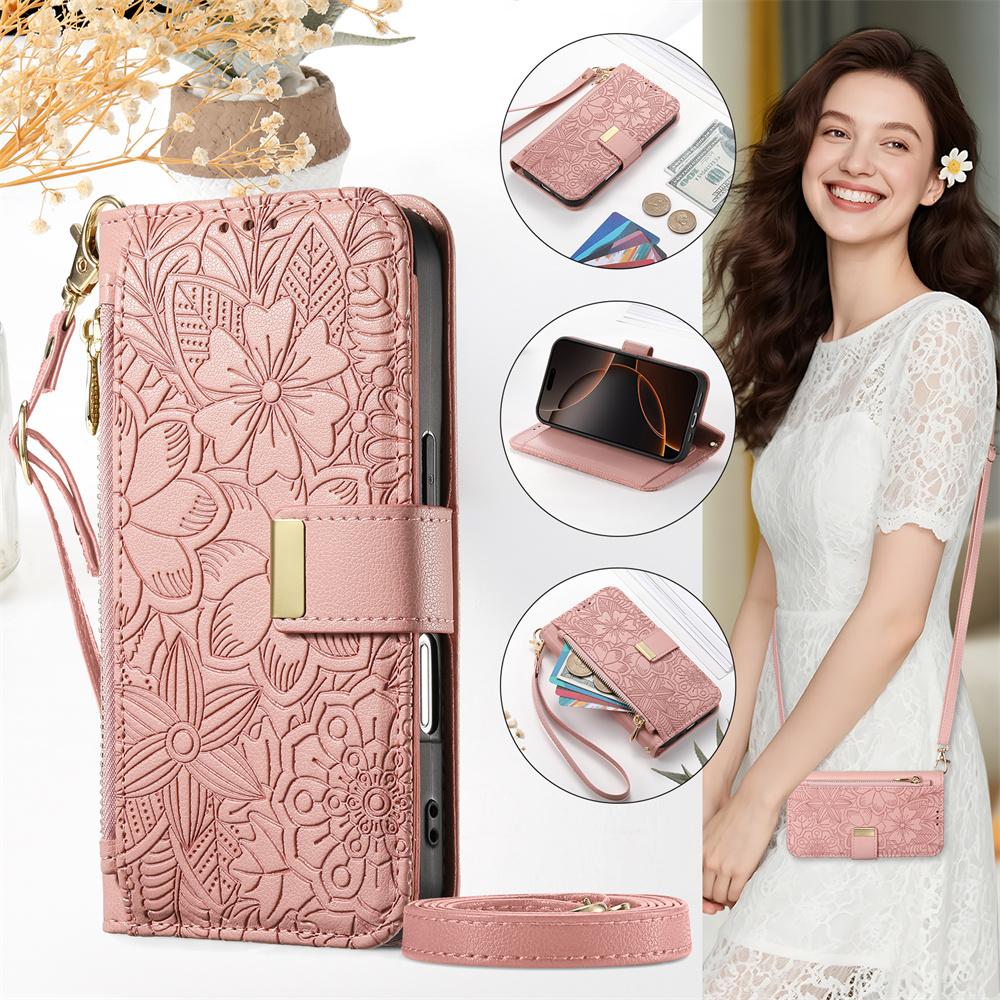 Zipper Crossbody Leather Wallet Card Slot Phone Case for IPhone 16E 16 Plus 15 14 13 12 Pro Max 17 Air Wrist Strap Funda Cover
