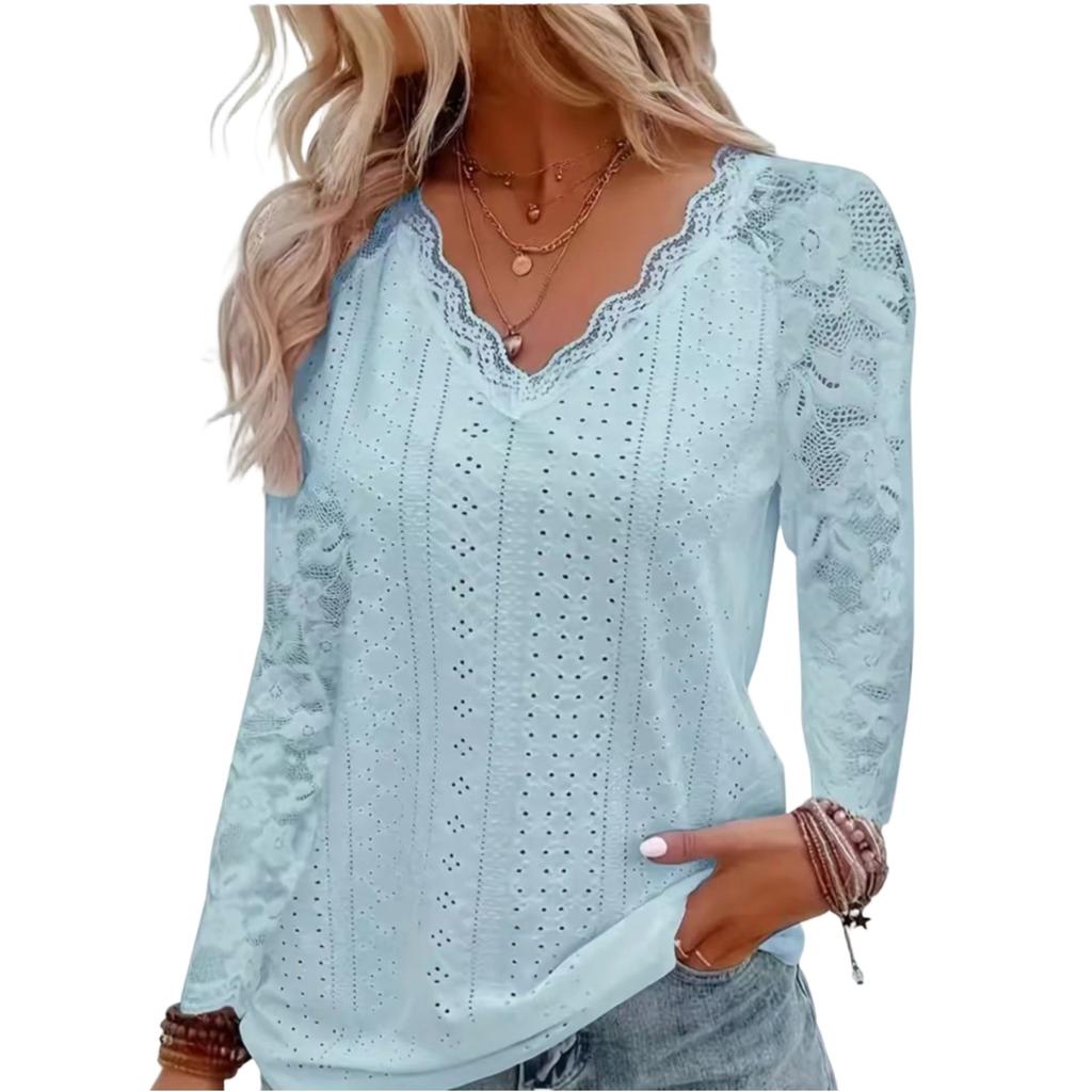 Women Casual V Neck Lace Patchwork Hollow Out Long Sleeve Blouse Lightweight Breathable Top for Everyday Wear