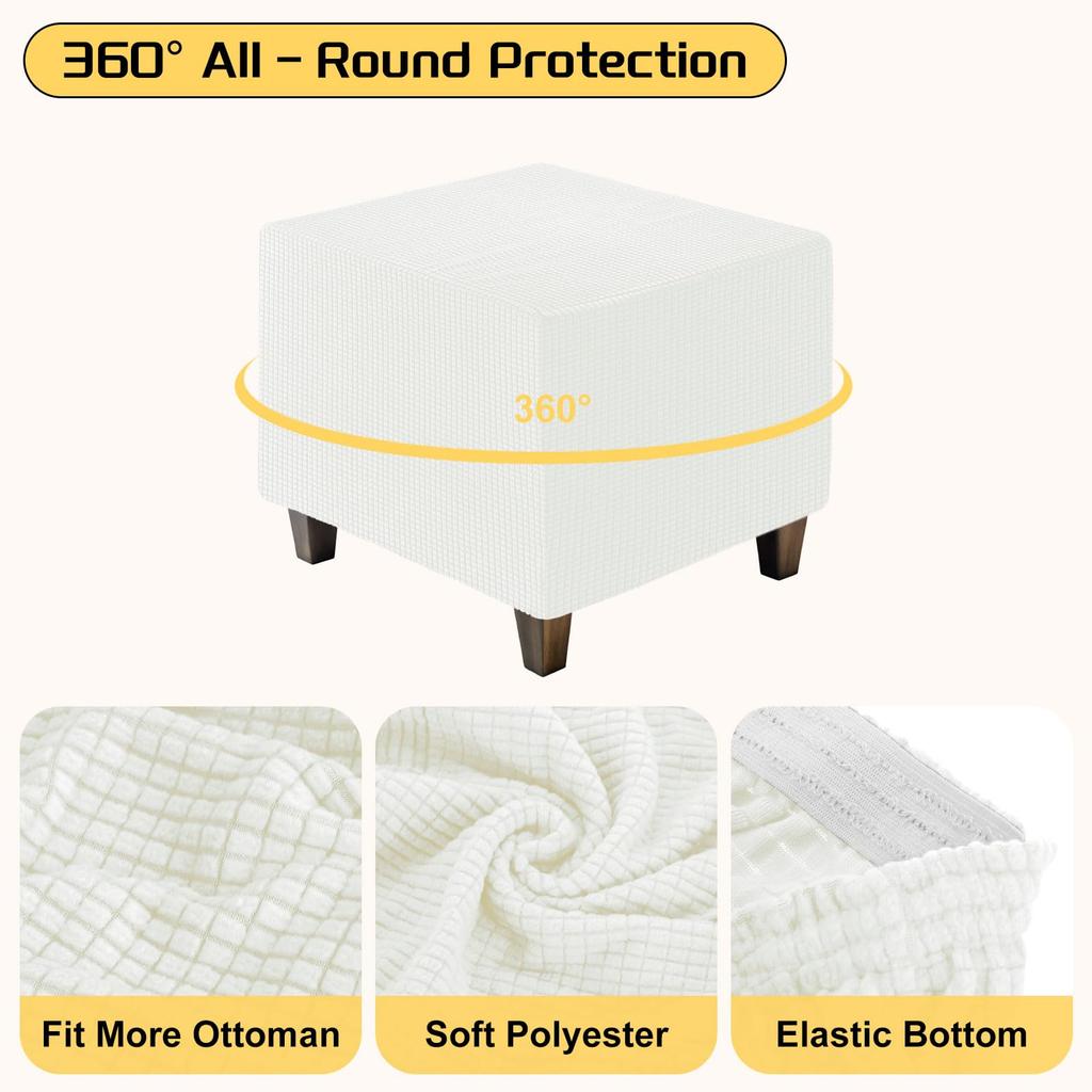 uxcell Square Jacquard Ottoman Slipcover with Elastic Stretch Footrest Stool Cover for Living Room Furniture Protector Medium Bottom, (White, Size)
