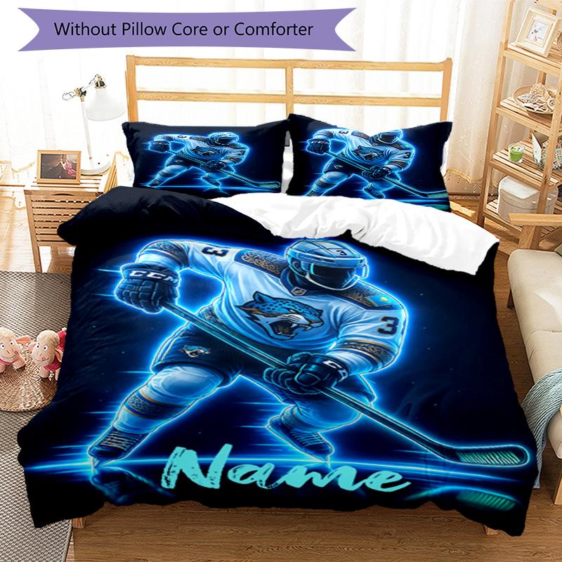 3pcs Custom Name ice hockey Bedding Set Duvet Cover Closure Includes 1 Duvet Cover & 2 Pillowcases, Soft and Comfortable for All Seasons.