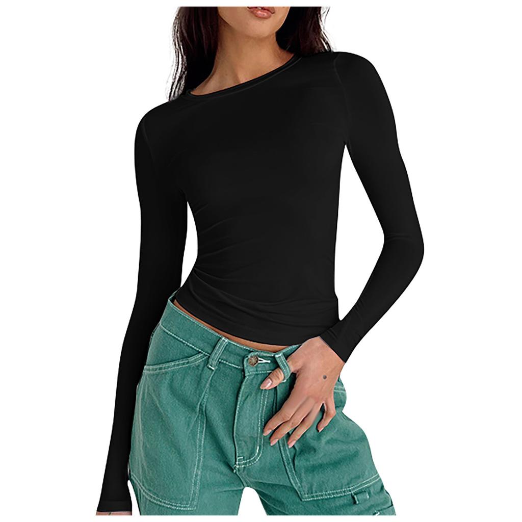 Women's Fashion Colour Round Neck Long Sleeve T-Shirt Top